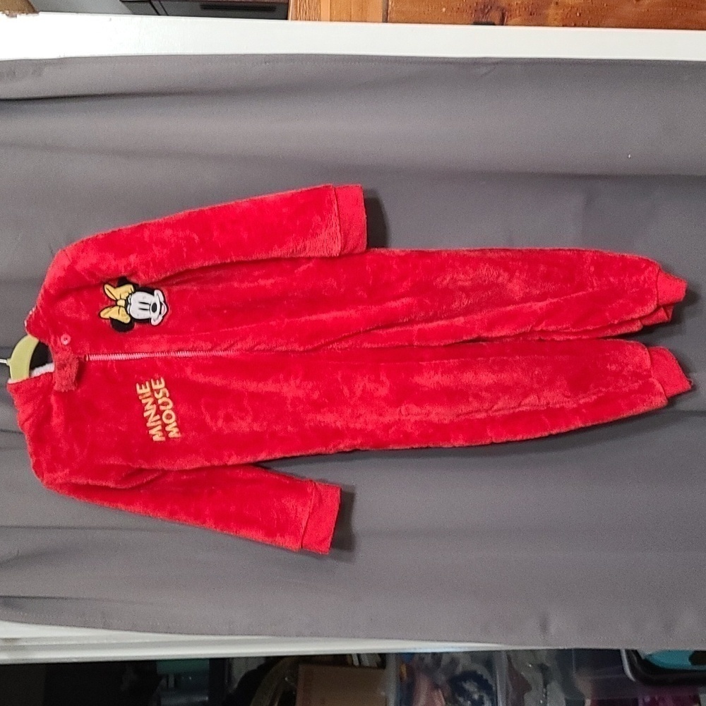 Disney Baby Minnie Mouse Plush Fleece Hooded Zips One Piece‎ Romper 24-36mos GUC